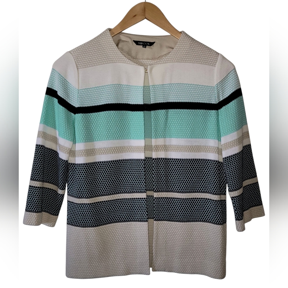 MISOOK Cardigan Jacket Small Cottagecore Granny Beige Knit Colorblock Striped